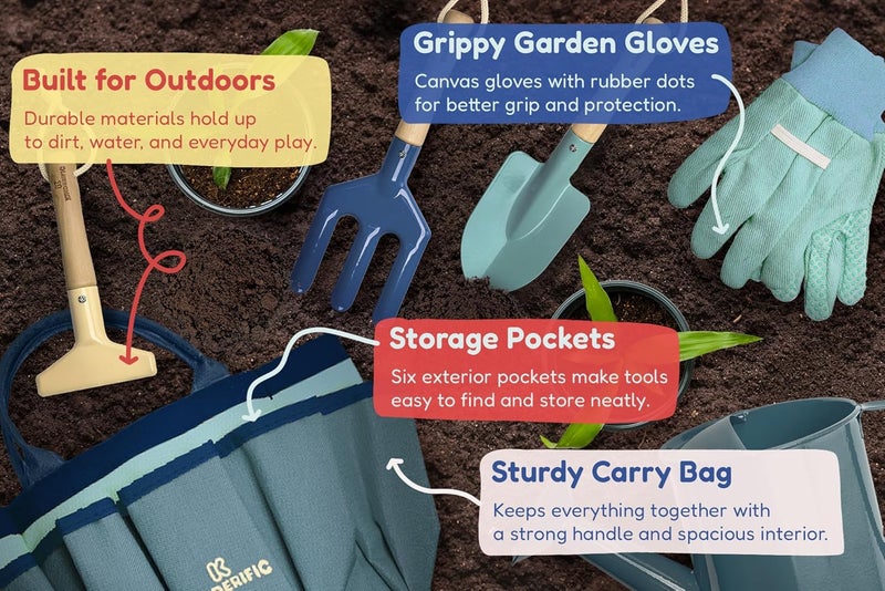 Kinderific Gardening Set, Tool Kit, for Kids, STEM, Includes Tote Bag, Spade, Watering Can, Rake, Fork, Trowel and Gloves (Ocean Blue) - Image 4